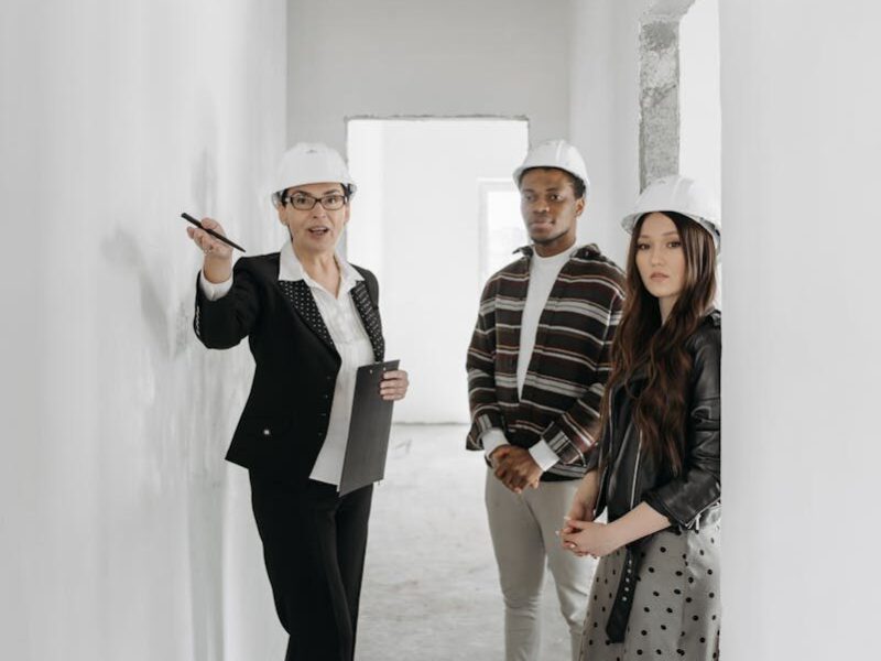 A diverse group of adults in hard hats touring a building site with a realtor.